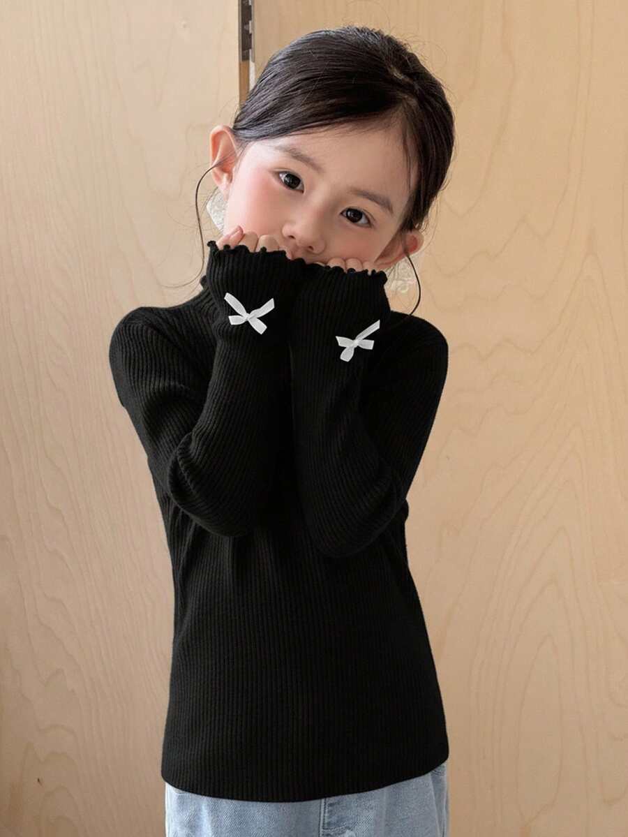 SHEIN 女童小女孩立領寬鬆休閒3D蝴蝶結秋季毛衣,女童服飾,幼兒毛衣,女童冬季衣物,女童毛衣 - 黑色 - 查看 1