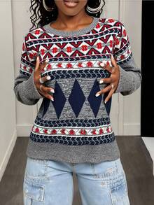 BamGleam Women's Grey Sweaters,Knitted Long Sleeves Colorful Geometric Patterns Loose Casual Autumn Occasion Vacation Travel Leisure Parties Women's Clothing - Grey - View 6