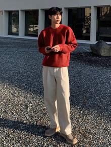 DAZY Autumn/Winter Thick Burgundy Crew Neck Sweater For Men - Burgundy - View 4