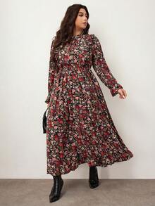 Enliva Große Größen Damen Herbst Ditsy Floral Langarm Kleid mit geraffter Taille, geeignet für Lehrerinnen - Schwarz - Übersicht 8