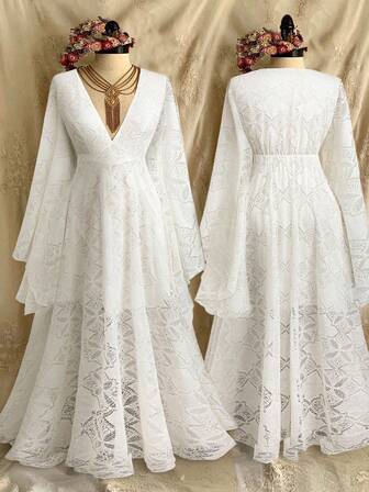 Lyrianda 高端奢华法式蕾丝连衣裙，新时尚优雅V领喇叭袖连衣裙，派对晚礼服，正式生日礼服