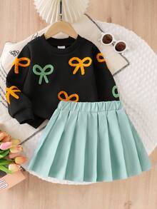 SHEIN Elladie kids Bộ 2 áo nỉ dệt kim dễ thương thường ngày cho bé gái, áo nơ dài tay và chân váy xếp ly màu xanh lá cây, thích hợp mặc vào mùa thu, ngày lễ và mặc hàng ngày - màu đen - Xem 7