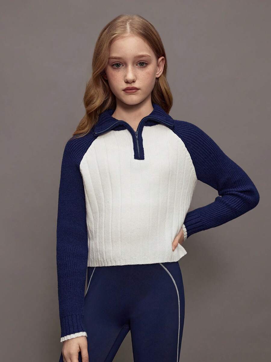 Sweater Lengan Raglan Blok Warna Kasual untuk Anak Perempuan Remaja, Musim Gugur/Dingin - Navy Blue - View 1