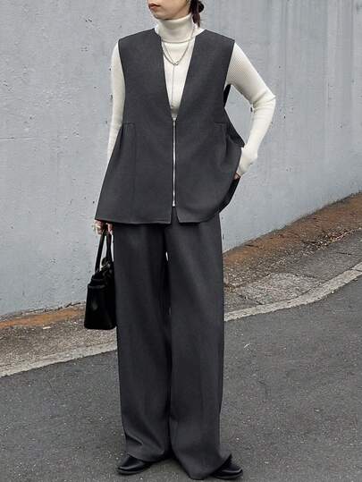 FRIFUL 女式纯色简约无袖上衣和裤子两件套，休闲日常穿着