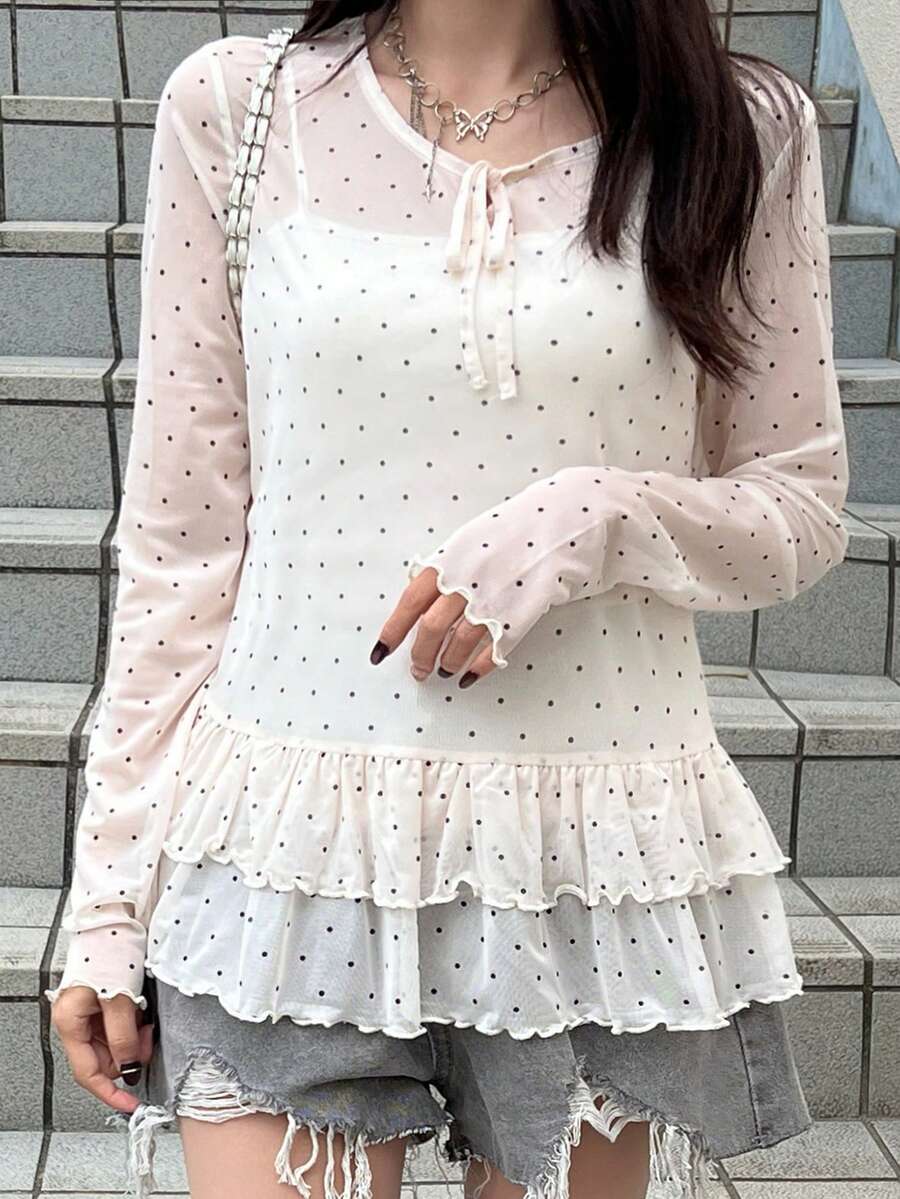 FRIFUL 女款休閒波點印花荷葉邊上衣 - 白色 - 查看 1