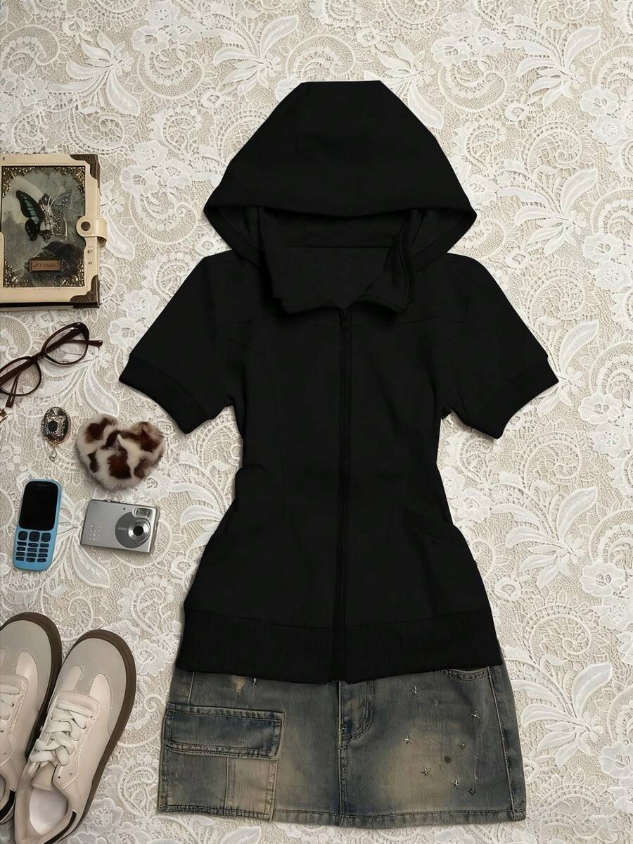 INAWLY Women's Floral Print Short Sleeve Drawstring Hooded Sweatshirt, Outdoor Sports Casual - Black - View 1