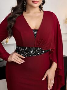 Modelyn Plus Size Women Sequin Patchwork Asymmetric Sleeve Elegant Dress - Burgundy - View 2