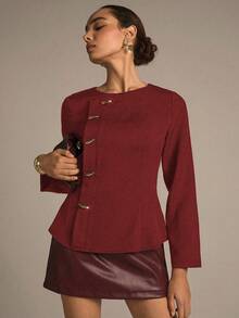 Modelyn Woven Non-Stretch Black Long Sleeve Metal Button Fitted Outdoor Blouse, Fashionable & Elegant For Women - Red - View 5