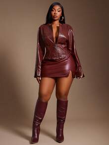 SHEIN SXY Áo khoác da dài tay phong cách đường phố màu đỏ rượu vang cỡ lớn dành cho nữ, Áo khoác da, Màu đỏ tía, Punk, Quần áo mùa thu cho nữ, Mùa đông, Áo khoác lửng, Thời trang đường phố, Cổ điển - Đỏ - Xem 13