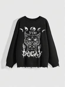 ROMWE Goth Suéter holgado con diseño desgastado de cabeza de gato gótico - Negro - Ver 7