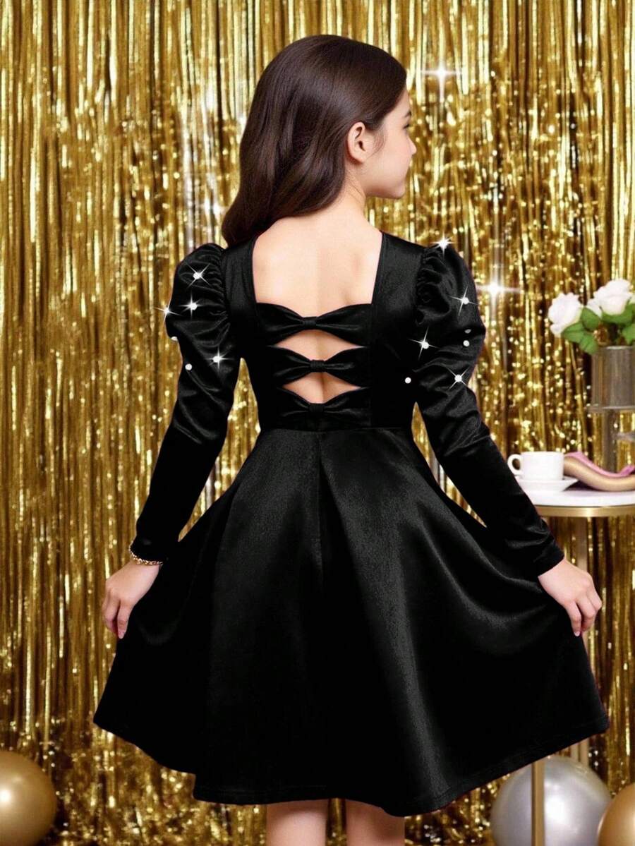 Tween GirlsBurgundy Solid Color Elegant Long Sleeve Dress - Black - View 1