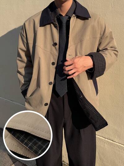 Giacca a vento lunga da uomo con colletto bicolore e inserti, autunnale