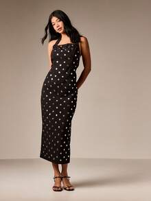 AiiRZ Robe mi-longue corset à pois ornée avec clous métalliques pour événements, fêtes, invités de mariage - Noir - Voir 5