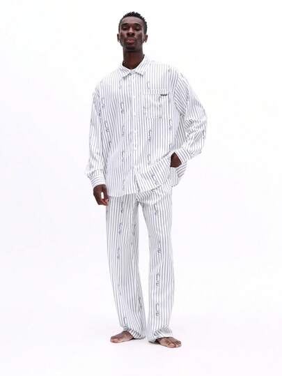 SUMWON 宽松细条纹睡衣套装，包含纽扣前襟衬衫和配套松紧腰家居裤，居家穿着舒适，休闲放松。