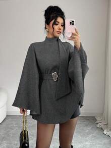 Elenzga Elegant Solid Color Cloak Overcoat For Commuting, Autumn/Winter - Dark Grey - View 1