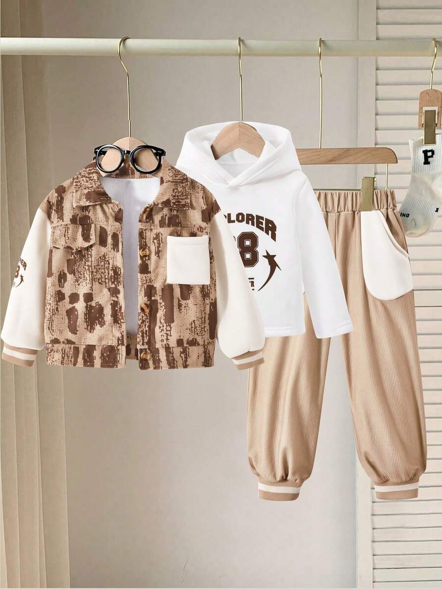 3pcs Toddler Boys Outfit Set: White Hoodie Sweatshirt With Letter Print, Long Sleeve Contrast Jacket With Zipper Closure, Khaki Casual Pants, Fashionable Sporty Style Suitable For Autumn/Winter Outings, Vacation, Shopping - Khaki - View 1