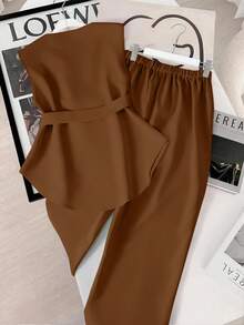 GlowEve Women's Solid Color Single-Breasted Sleeveless Shirt And Wide-Leg Pants Casual Suit - Brown - View 2