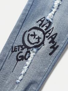 New Fashion Young Boy Urban Street Cool Graffiti Print Ripped Frayed High Stretch Blue Denim Jeans Fall Winter, For Fall/Winter Daily-Wear, Streetwear, Christmas, New Year, Thanksgiving For Boys, Stylish Collection - Medium Wash - View 4