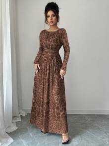Rafferiza Women's Elegant Leopard Print Mesh Round Neck Ruched Waist Flared Long Sleeve Dress - Khaki - View 5