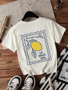 INAWLY 女式夏季口号柠檬印花圆领短袖休闲T恤 - 白色 - 查看 2