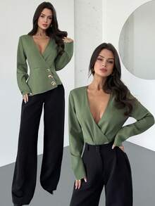 Firerie Áo blazer nữ tối giản mới, kiểu dáng công sở/đi làm, cổ chữ V, ve áo bất đối xứng, trang trí cúc kim loại, tay dài, áo blazer dài tay nữ, áo blazer công sở thanh lịch, trang phục chuyên nghiệp, áo blazer màu xanh lá cây, mùa xuân/thu/đông, thanh lịch, đi làm, hàng ngày, tối giản, công sở - màu xanh lá - Xem 1