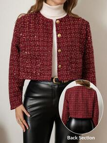 Zelara Plus Size Women's Red Tweed Metal Single-Breasted Jacket, Autumn/Winter Winter Jacket For Women Women's Winter Coat Winter Cozy Fall And Winter For Women Coat Fall Winter 2025 Women Christmas For Women New Year Look Red Top Sparkly Top Elegant New Year Women New Year Look Christmas For Women Christmas Party - Red - View 9