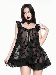 ROMWE Robe de poupée Lolita gothique, robe ample et transparente avec maille, chauve-souris, étoile, velours, jacquard, patchwork de dentelle, décoration de nœud, ensemble de mini-robe sexy en mousseline de soie - Noir - Voir 3