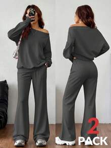 SHEIN EZwear 女款深灰色秋季居家休閒兩件套，露肩不對稱領運動衫與喇叭褲，休閒冬季針織寬鬆運動套裝 - 深灰色 - 查看 3