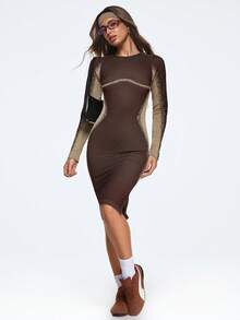 Gameset SHEIN Sport Damen-Sportkleid mit Farbblock-Design, Rundhalsausschnitt, langen Ärmeln und taillierter Passform - Braun - Übersicht 4