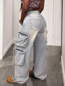 BamGleam Women's Retro High Street Multi-Pocket Cargo Jeans, Loose Wide-Leg Design - Light Wash - View 2