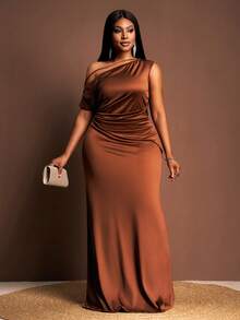 Veslaya 新款春夏款式：优雅派对/约会/晚宴/毕业典礼/婚礼季/生日派对/情人节/单身派对/情人节连衣裙。棕色，修身剪裁，单肩设计，细肩带装饰，收腰，光泽弹力面料，加大码加长连衣裙。 - 棕色 - 查看 7