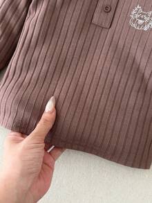 Blossori Conjunto de camiseta de manga larga con cuello redondo y bordado de animales elegante francés y pantalones para niñas bebé - Café integral - Ver 6