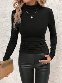 SHEIN Clasi 女士立领收褶保暖T恤，休闲经典弹力长袖T恤，优雅百搭，适合春秋季节穿着。 - 黑色 - 查看 8