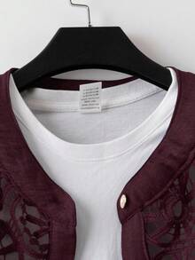 EMERY ROSE Plus Size Women's Solid Color Linen Blend Round Neck Lace Patchwork Full Button Down Casual Comfortable Regular Shirt + Elastic Waist Loose Pants 2 Pieces Set - Burgundy - View 5