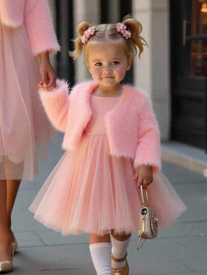 SHEIN Elladie kids 女婴简约纯色蓬松短外套，适合外出，秋冬季时尚百搭，粉色女婴外套