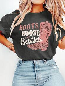 SHEIN LUNE Stiefel, Alkohol & Freundinnen, Damen in Große Größen, Rundhals Kurzarm T-Shirt mit Slogans, Buchstaben und Westernelelementen - Dunkelgrau - Übersicht 3