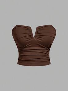 SHEIN MOD 加大码 3 件套 女士棕色深 V 领褶皱吊带背心 - 棕色 - 查看 3