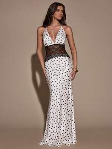 SHEIN BAE 女士波点蕾丝拼接修身露背系带连衣裙 - 白色 - 查看 6