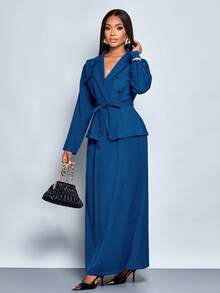 SOLERSUN Elegant Commuter Waistline Suit Tie Jacket And Skirt Two Pieces Set For Autumn And Winter - Blue - View 6