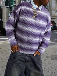 Manfinity CasualKnits Áo len nam cổ tròn kẻ sọc, kiểu dáng thường ngày, áo len màu tím phong cách đường phố thu đông, áo dài tay nam Magnified, áo màu tím oải hương cho nam, áo len màu tím phong cách đường phố. - Màu tím - Xem 1