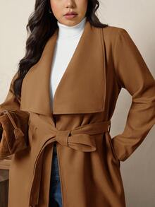 SHEIN LUNE Plus Size Solid Color Minimalist Long Sleeve Woolen Sweater, Everyday Wear/Winter - Brown - View 8