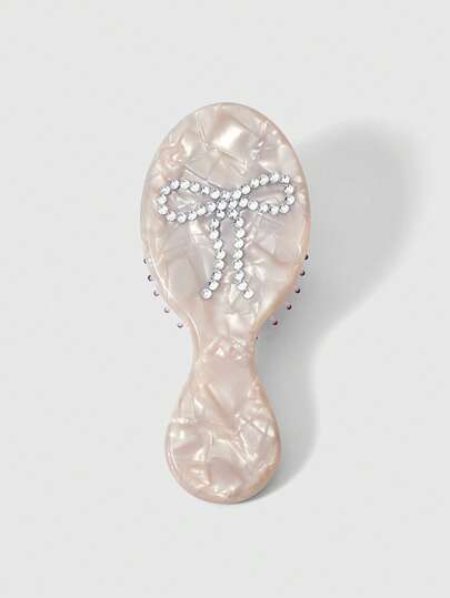 Kawaii Cepillo de pelo con textura de mármol, mini portátil con cojín de aire, masaje del cuero cabelludo, decoración con lazo de strass