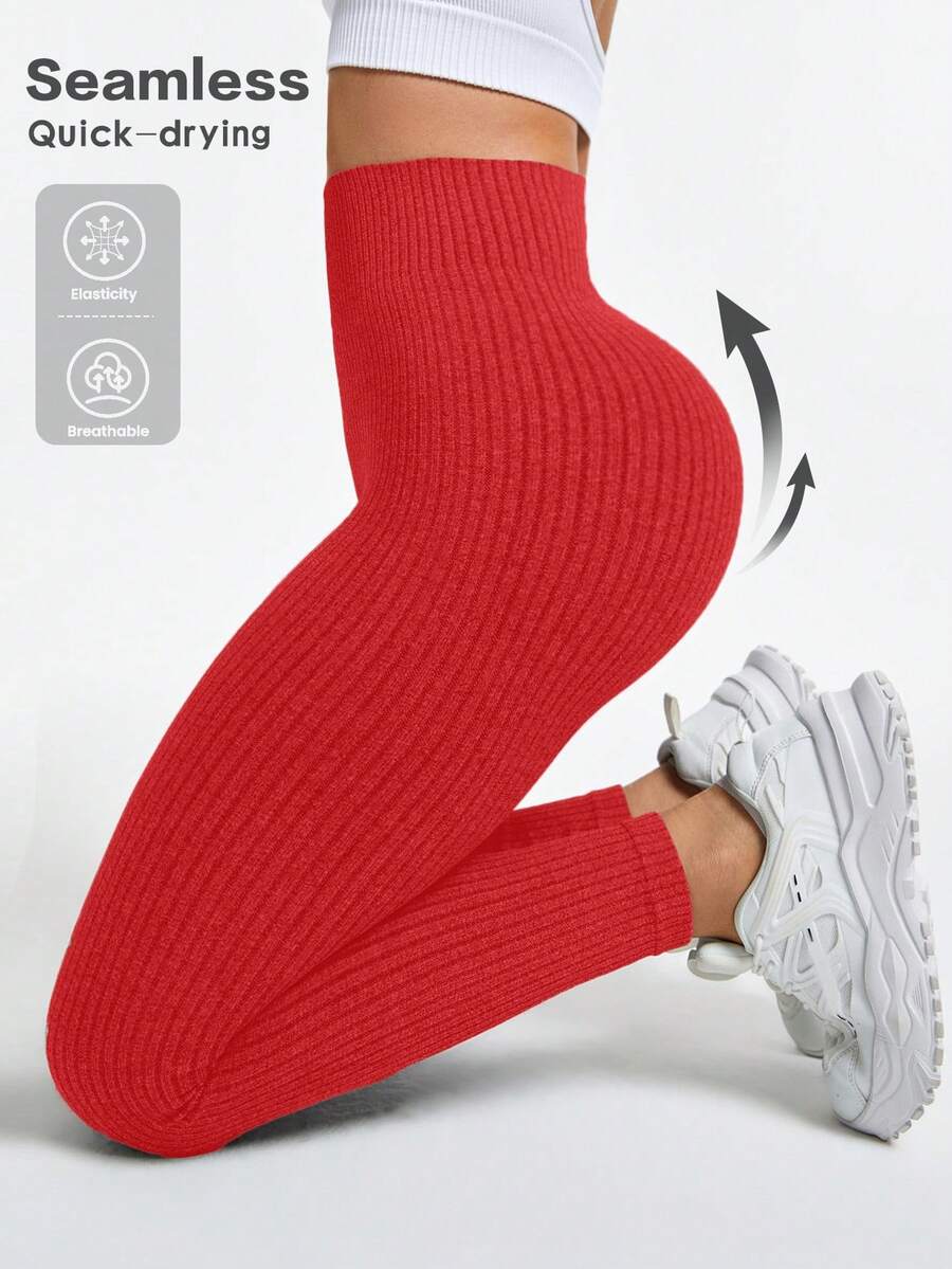 Slayform Leggings de yoga sin costuras de cintura alta y unicolor acanalado para mujer - Rojo - Ver 1