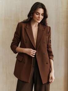 Anewsta Urban Chic Commuter Striped Contrast Color Cuffed Long Sleeve Women Blazer Jacket - Brown - View 6