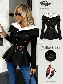 Pariaura Women's Elegant Black And White Color-Blocked Long-Sleeved Coat,Fitted Waist Double-Breasted Metal Buttons Ruffled Hem Office Autumn Jacket,Commuting - Black - View 5