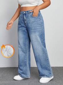 SHEIN ICON 大码女式休闲水洗直筒保暖牛仔裤 - 中等水洗藍 - 查看 4