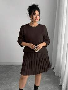 Elenzga Solid Color Crew Neck Knit Top + Pleated Skirt Minimalist Plus Size Sweater Dress Set Plus Size Pleated Skirt Plus Size Brown Sweater Earthy Plus Size Plus Size Winter Outfit Brown Sweater Plus Size Plus Size Brown Skirt Long Sleeve Sweater - Coffee Brown - View 3