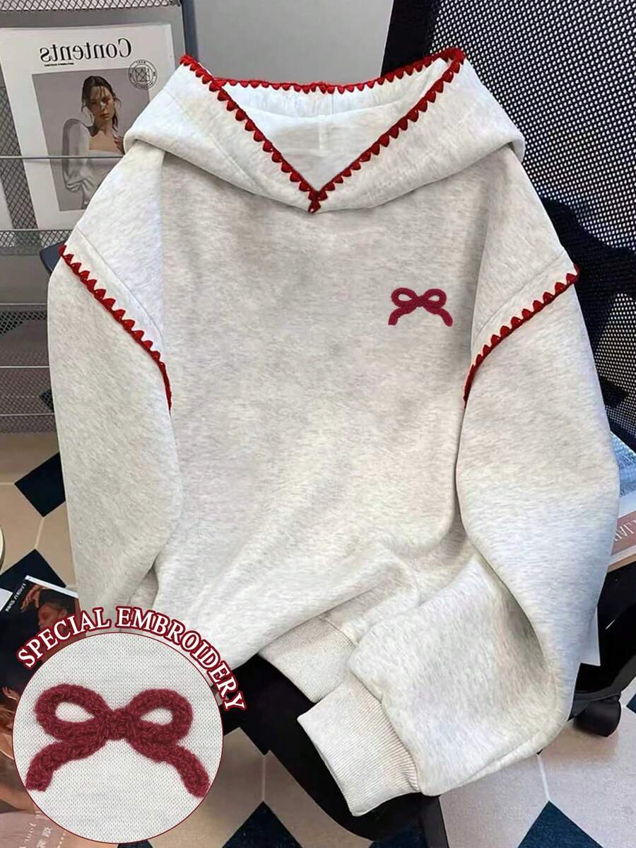 Resyla 休闲撞色饰边蝴蝶结刺绣卫衣，秋冬款 - 灰色 - 查看 1