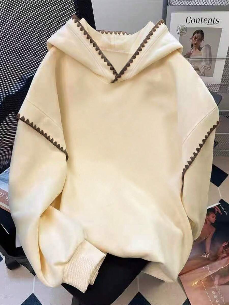 Resyla 女式撞色饰边连帽休闲长袖套头衫，秋冬 - 杏色 - 查看 1