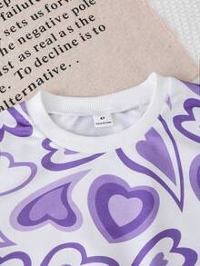 Sparklyn 2pcs/Set Girls Casual Heart Print Long Sleeve Top And Pink Pants Outfit - Purple - View 7